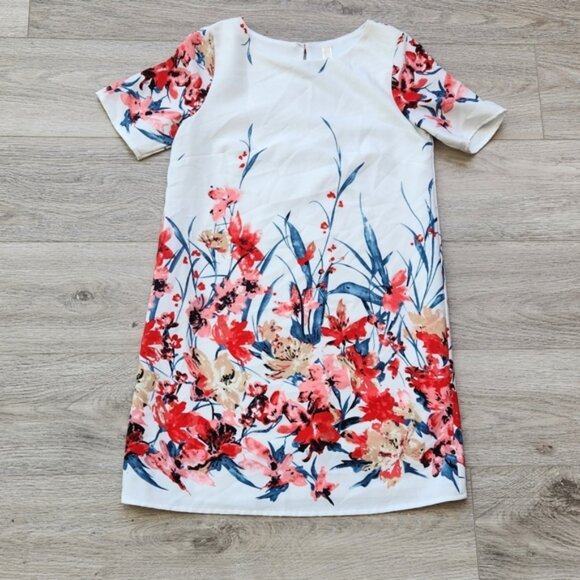 Peppermint Floral Sheath Dress Womens Small Pink Red Short Sleeves - Picture 1 of 9